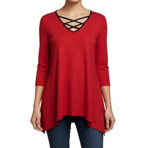 NY Collection 3/4 Sleeve Asymmetrical Glittery Lace Up Blouse Women Top (Small)